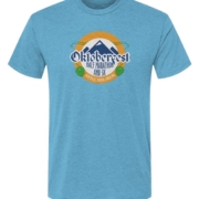 Click to show details - Oktoberfest_mtnlogo_vintage_turqoise light blue t-shirt with Oktoberfest Half Marathon & 5k logo with blue mountains, green hops in a gold ring on a white background