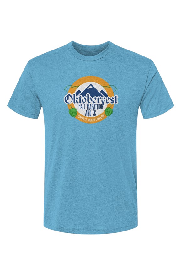 Click to show details - Oktoberfest_mtnlogo_vintage_turqoise light blue t-shirt with Oktoberfest Half Marathon & 5k logo with blue mountains, green hops in a gold ring on a white background