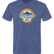 Click to show details - Oktoberfest_mtnlogo_vintage_royal blue t-shirt with Oktoberfest Half Marathon & 5k logo with blue mountains, green hops in a gold ring on a white background