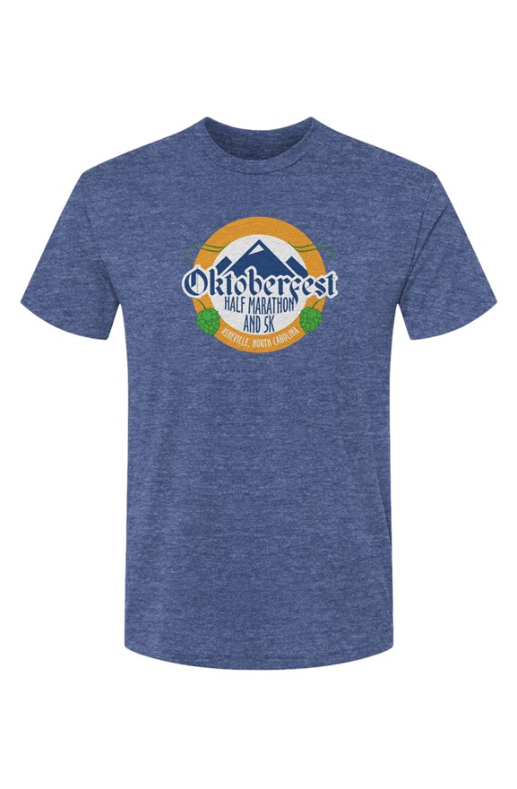 Click to show details - Oktoberfest_mtnlogo_vintage_royal blue t-shirt with Oktoberfest Half Marathon & 5k logo with blue mountains, green hops in a gold ring on a white background