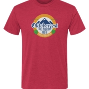 Click to show details - Oktoberfest_mtnlogo_red Red t-shirt with Oktoberfest Half Marathon & 5k logo with blue mountains, green hops in a gold ring on a white background