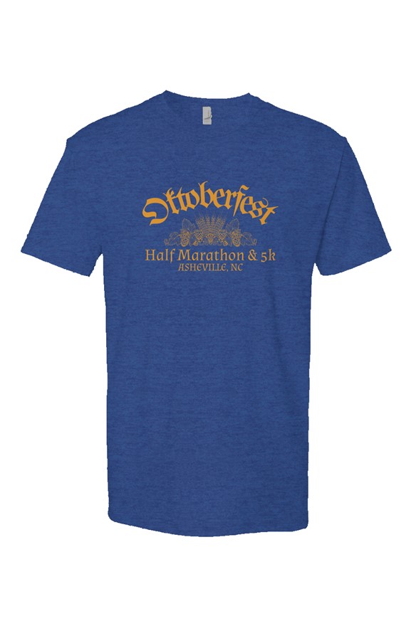 Click to show details - Oktoberfest_mens_wheat_royal royal t-shirt with 'Oktoberfest Half Marathon & 5k Asheville NC' text in gold surrounding an outline of wheat and hops