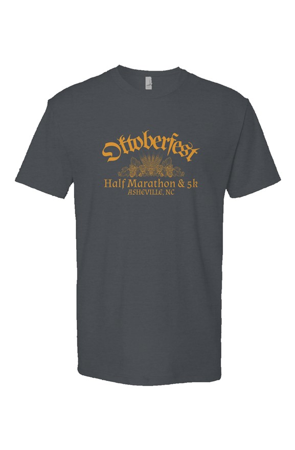 Click to show details - Oktoberfest_mens_wheat_indigo indigo t-shirt with 'Oktoberfest Half Marathon & 5k Asheville NC' text in gold surrounding an outline of wheat and hops