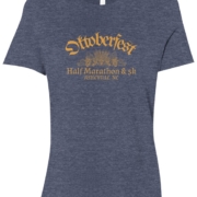 Click to show details - Oktoberfest_womens_wheat_heather_navy blue t-shirt with 'Oktoberfest Half Marathon & 5k Asheville NC' text in gold surrounding an outline of wheat and hops.