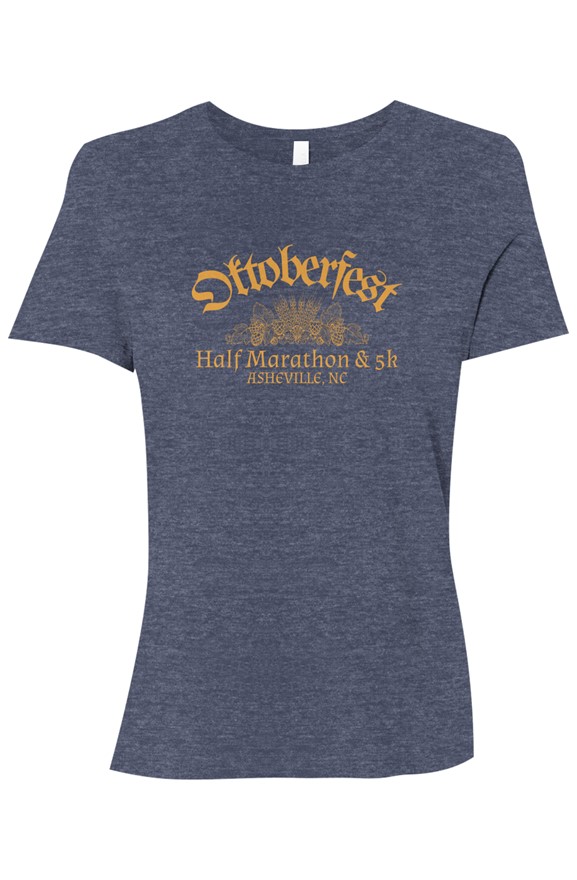 Click to show details - Oktoberfest_womens_wheat_heather_navy blue t-shirt with 'Oktoberfest Half Marathon & 5k Asheville NC' text in gold surrounding an outline of wheat and hops.