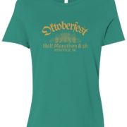 Click to show details - Oktoberfest_womens_wheat_teal teal t-shirt with 'Oktoberfest Half Marathon & 5k Asheville NC' text in gold surrounding an outline of wheat and hops.