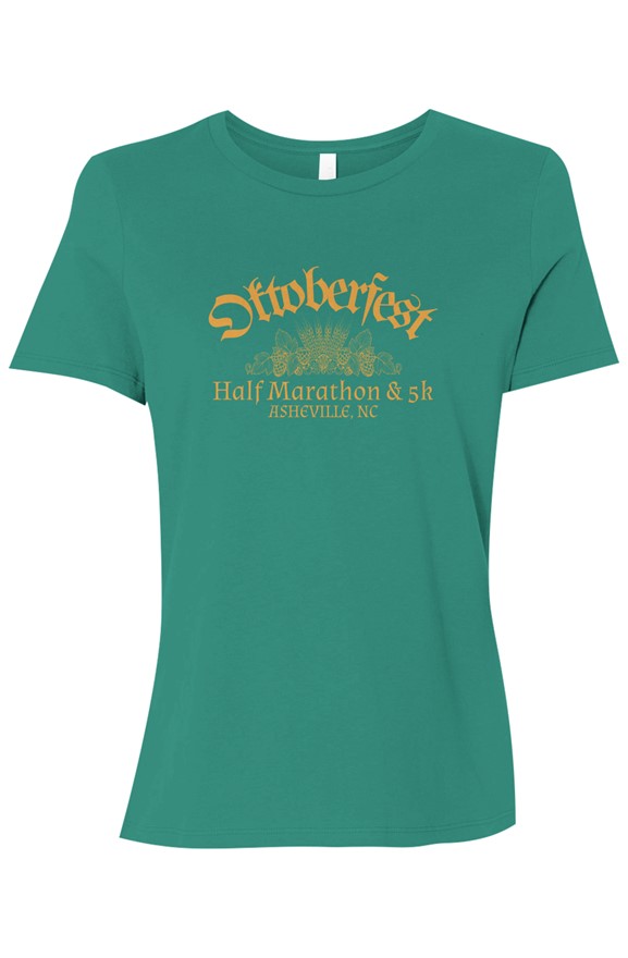 Click to show details - Oktoberfest_womens_wheat_teal teal t-shirt with 'Oktoberfest Half Marathon & 5k Asheville NC' text in gold surrounding an outline of wheat and hops.